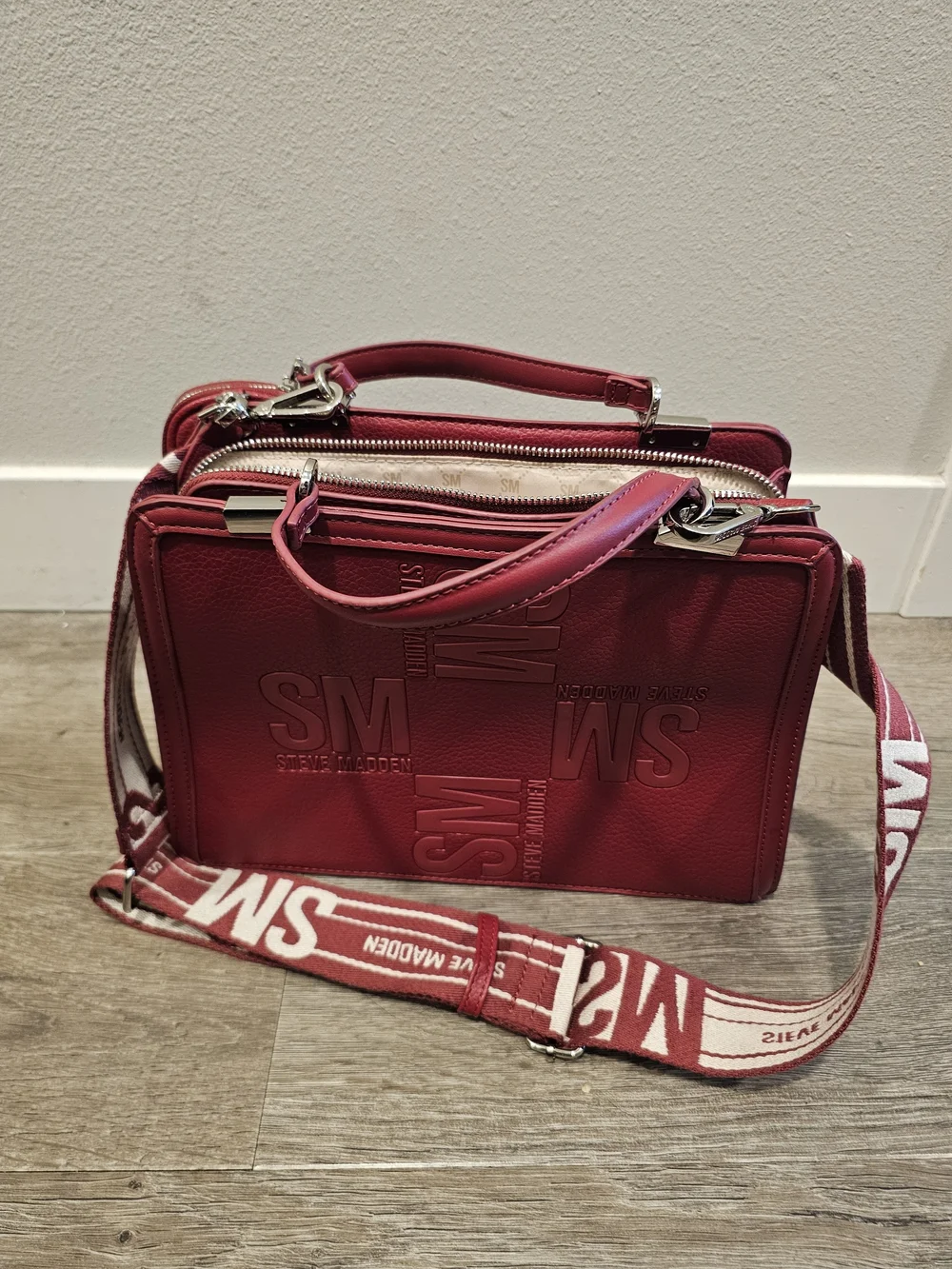 Steve Madden Red Embossed Logo Top-Handle Bag